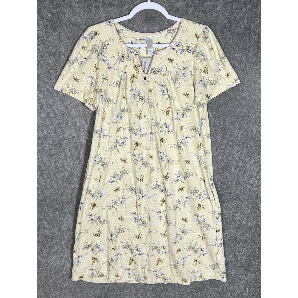 Simply Basic Floral Butterfly Snap Front Robe Womens Size Small Yellow Pockets